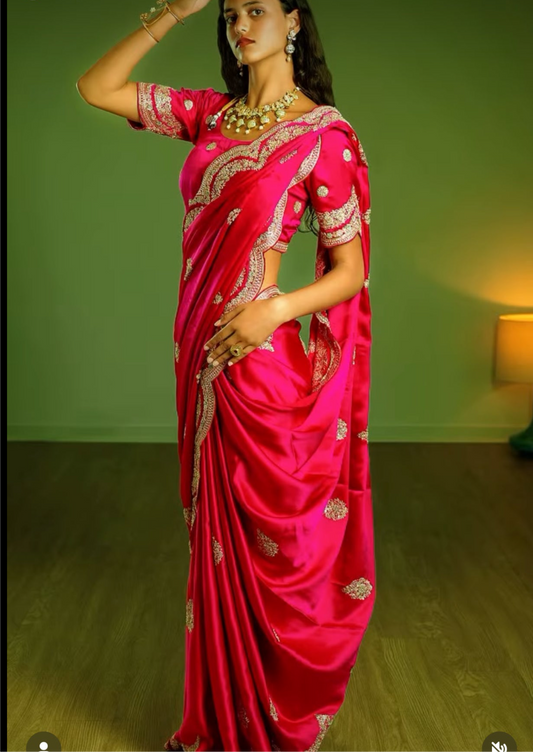 Barbie pink pure satin with zardosi work all over handmade